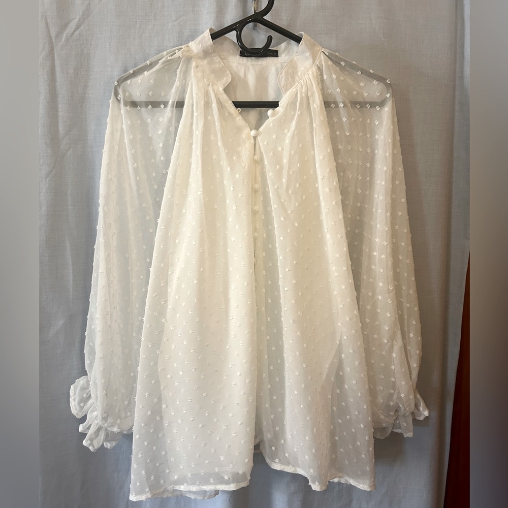 White Polka-dot Button-down Sheer-sleeve Ruffle Cuffs Blouse